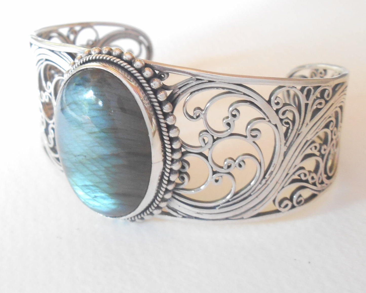 Bangle Silver sterling openwork Labradorite gemstone bracelet.