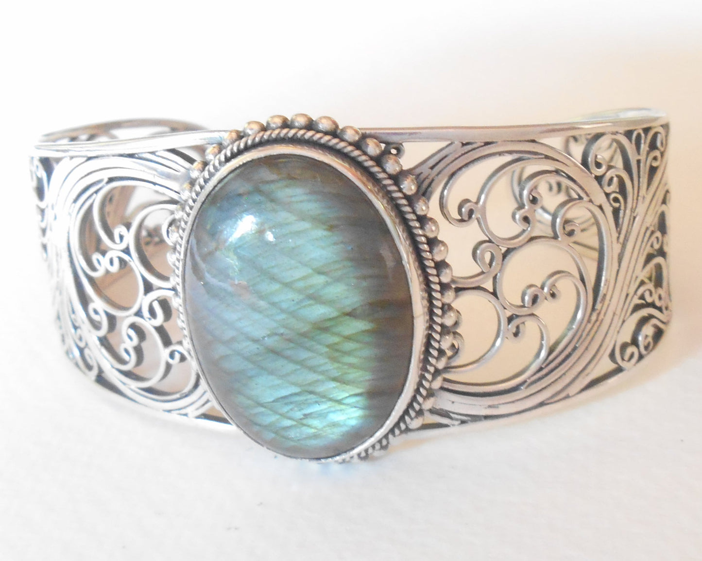 Bangle Silver sterling openwork Labradorite gemstone bracelet.