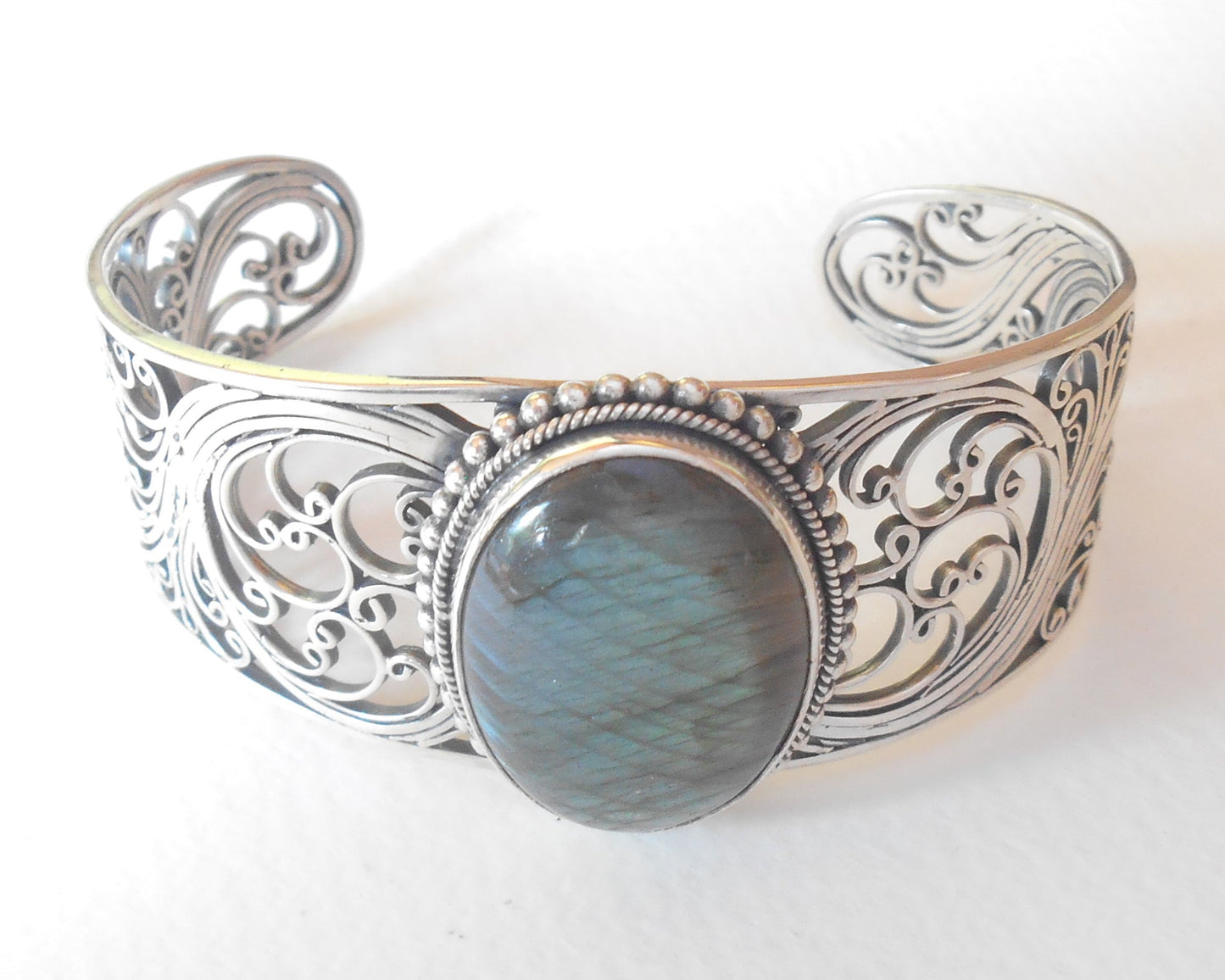 Bangle Silver sterling openwork Labradorite gemstone bracelet.