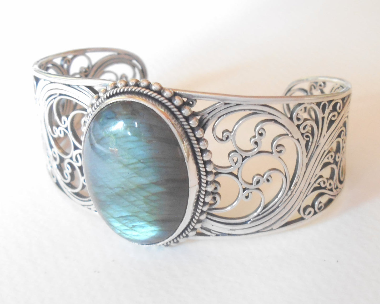 Bangle Silver sterling openwork Labradorite gemstone bracelet.