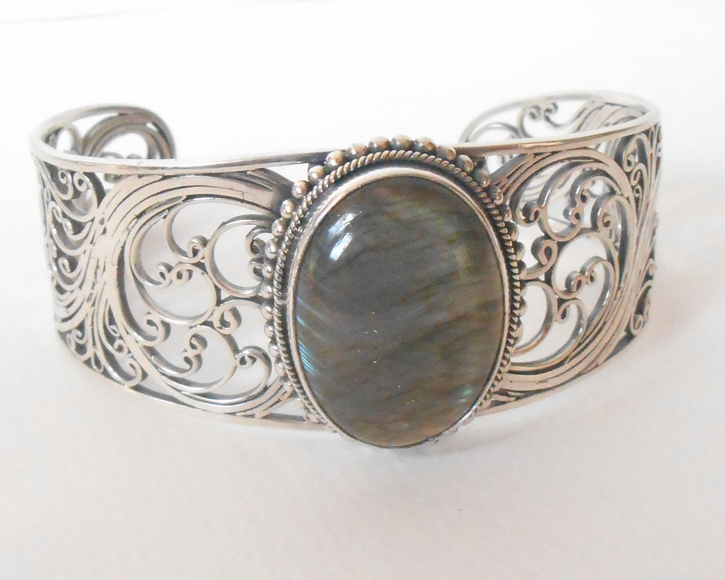 Bangle Silver sterling openwork Labradorite gemstone bracelet.