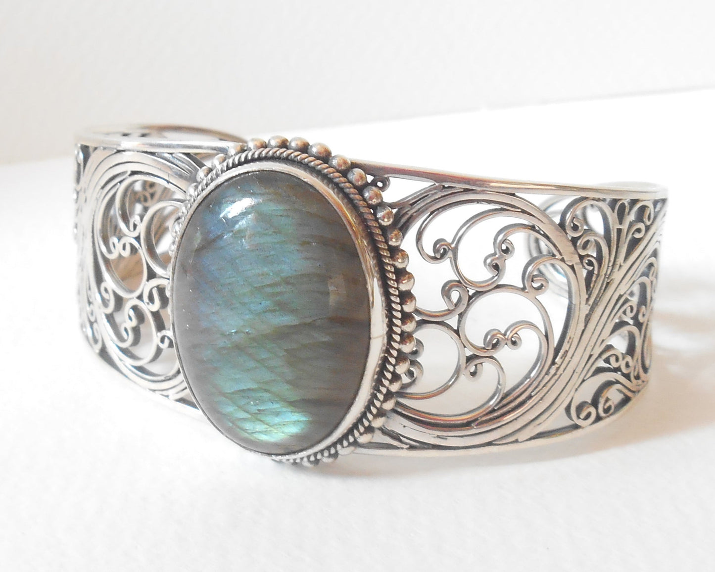 Bangle Silver sterling openwork Labradorite gemstone bracelet.