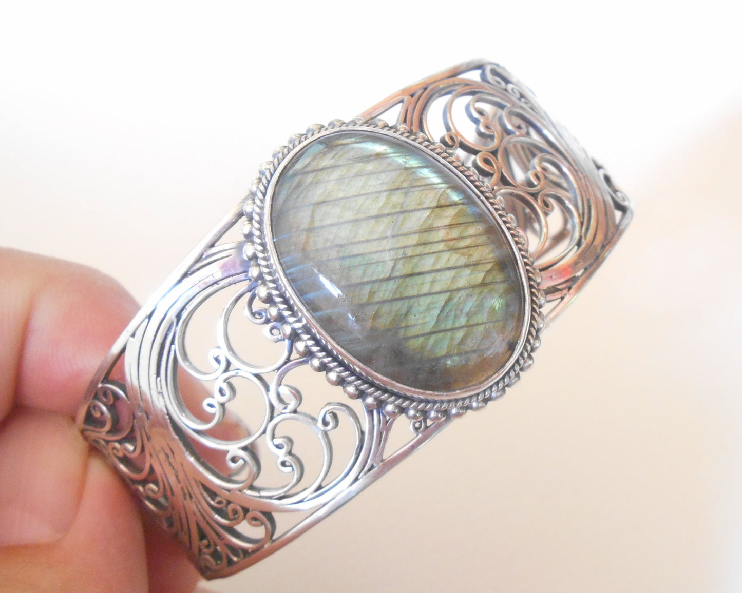 Bangle Silver sterling openwork Labradorite gemstone bracelet.