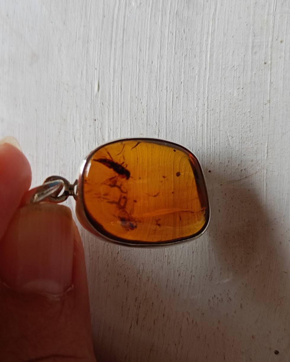 Unique Silver sterling pendant amber with insect inclusions. - Bali Handmade jewelry