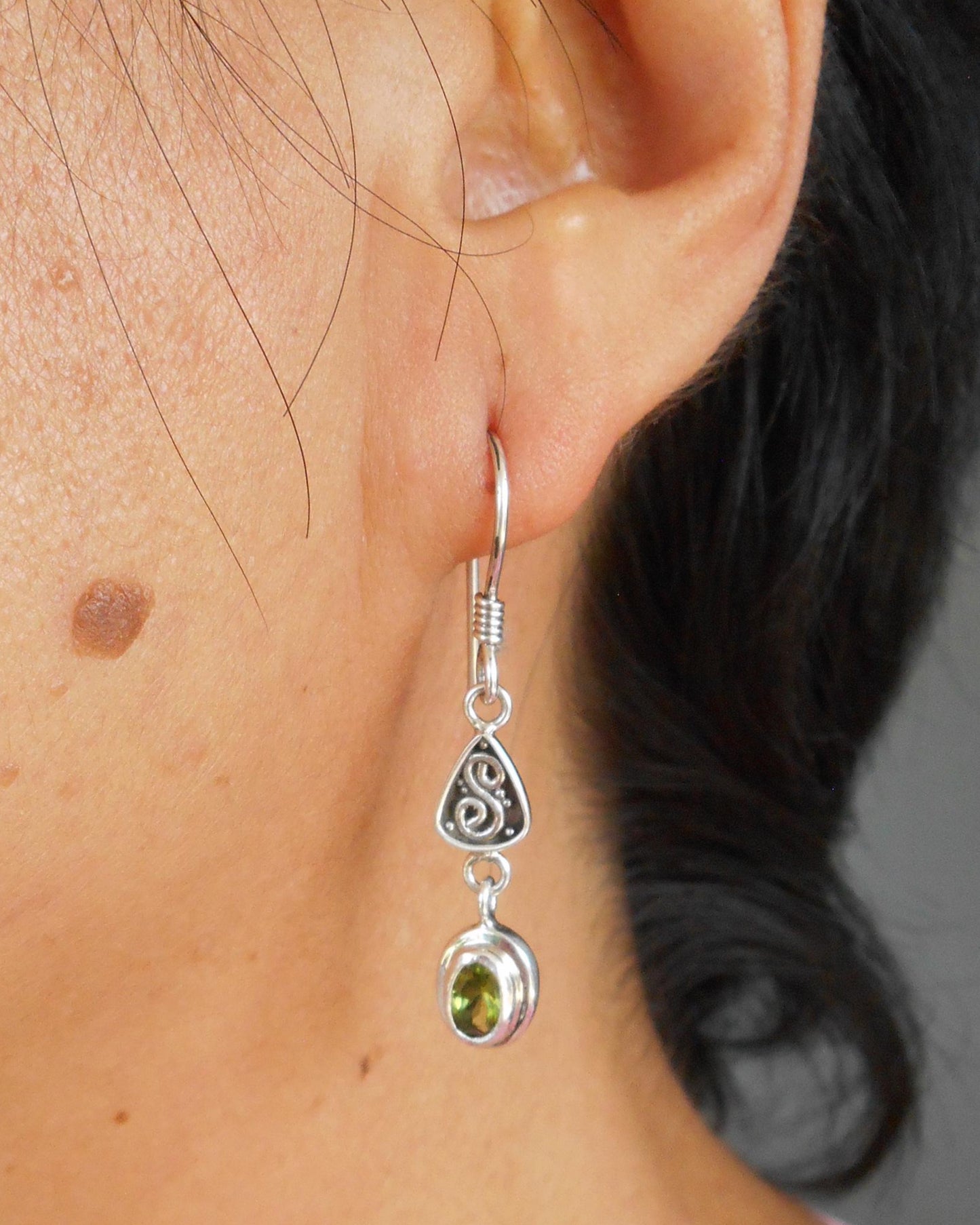 Tiny Silver Peridot gemstone Dangle Earrings