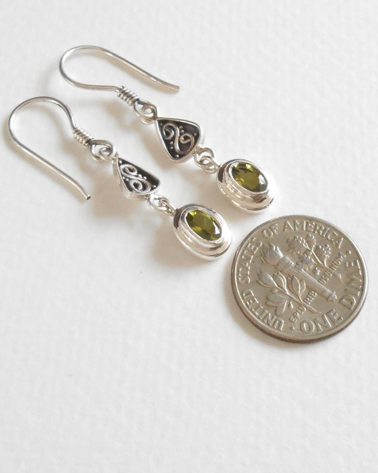 Tiny Silver Peridot gemstone Dangle Earrings