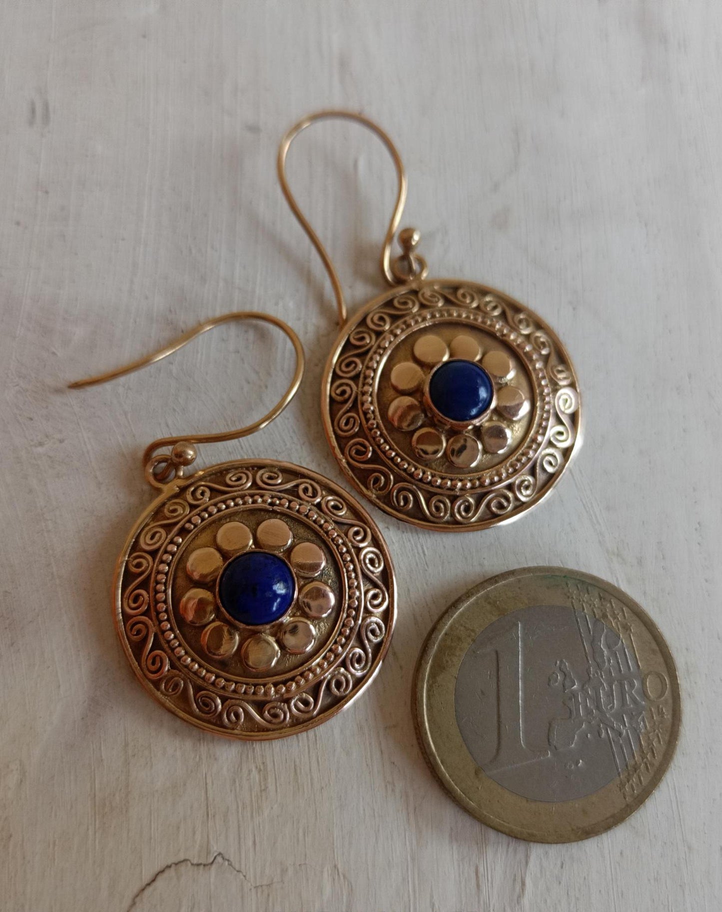 Unique Handcrafted sterling silver Hoop earrings with Lapis lazuli, 18 ct gold plate - 4 cm long