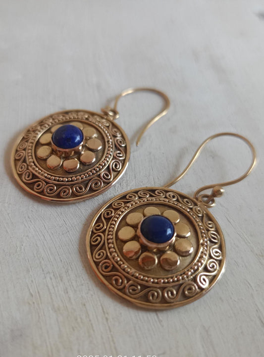 Unique Handcrafted sterling silver Hoop earrings with Lapis lazuli, 18 ct gold plate - 4 cm long